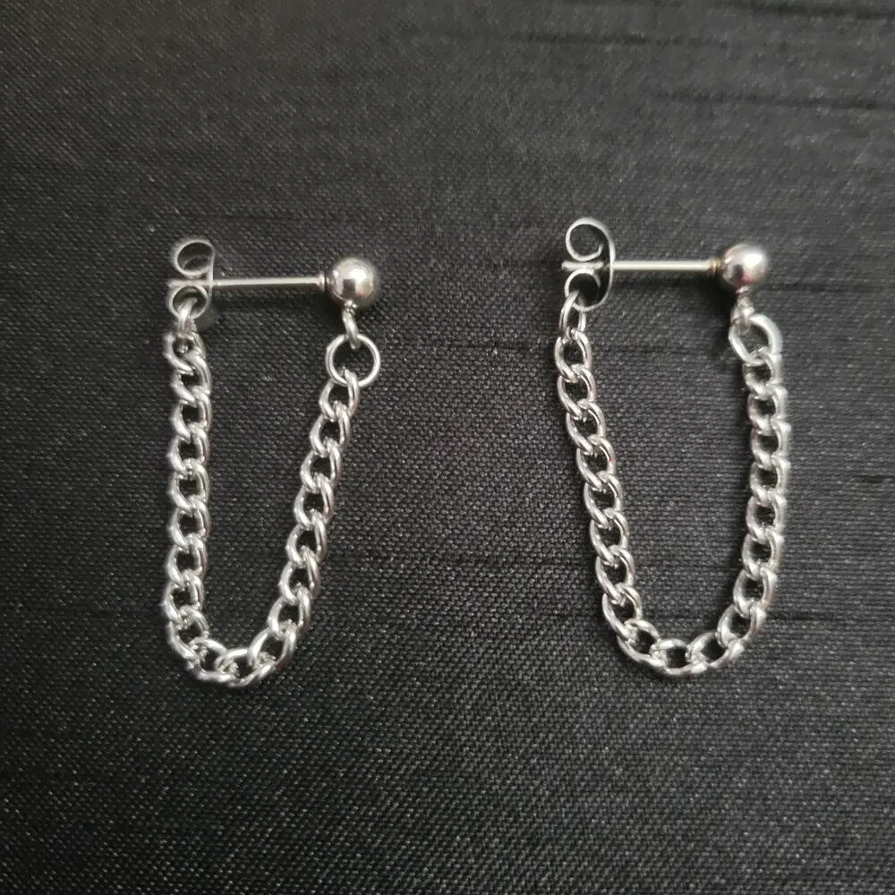 Men's silver chain stud earrings